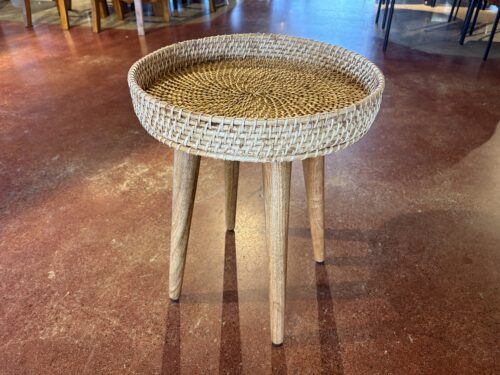 Round Rattan Side Table in Natural Wood
