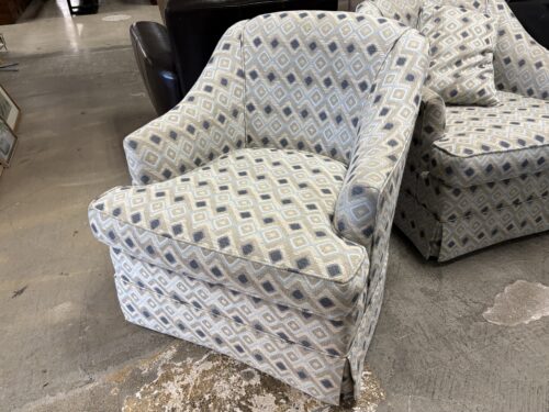 Beige & Blue Diamond Patterned Upholstered Swivel Arm Chair