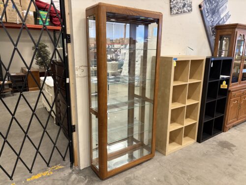 Vintage Wood Display Case with Glass Shelving and Mirrored Base