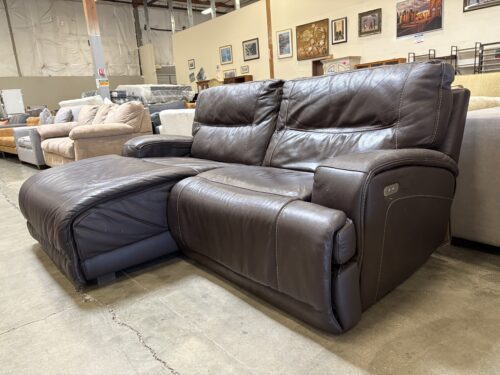 Brown Leather with Contrast Stitch Wide Seat Sofa with Left Side Power Recliner
