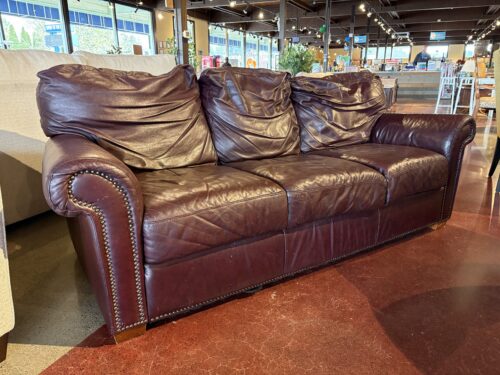 Rolled Arm Leather Three Seater Couch with Nailhead Trim