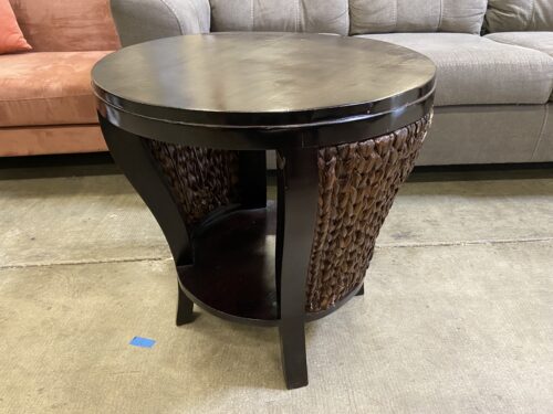 CHIC TEAK Espresso Finished Round 2 Tier Side Table with Seagrass Side Panels