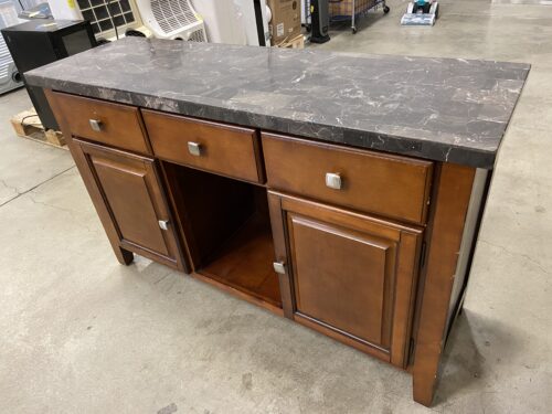 Wooden 3 Drawer Buffet with Black Stone Top and Silver Pulls