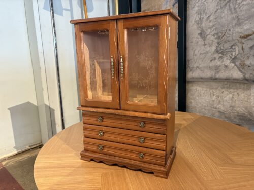 Oak Jewelry Armoire with Etched Glass Doors