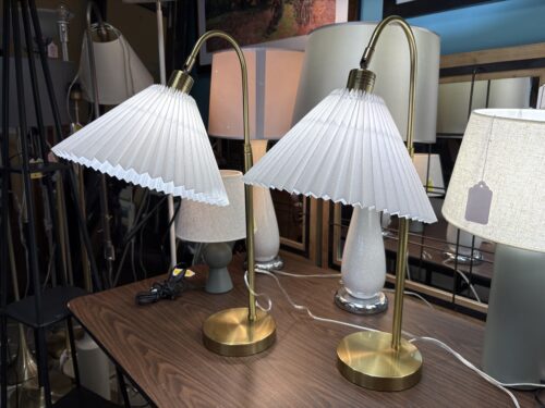 Brass Arched Adjustable Table Lamps w/ Pleated Shades (Set of 2)