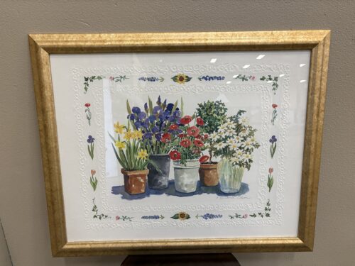 Floral Watercolor with Embossed Details in Golden Frame