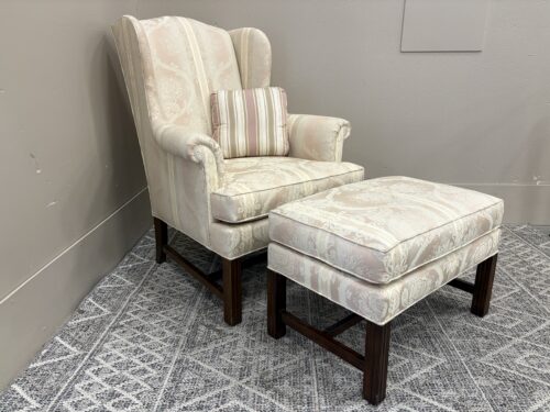 DREXEL  Vintage Pale Pink Floral and Striped Wingback Chair with Ottoman