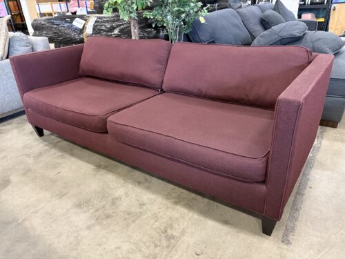 Modern Burgundy Low Back Wide Seat Sofa with Dark Wooden Legs