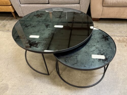 ETHNICRAFT Modern Round Nesting Coffee Table with Heavy Aged Mirror Top and Open Metal Frame (Set of 2)