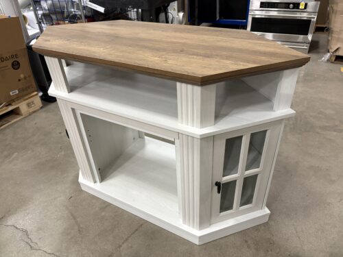 White Farmhouse Style Corner Media Stand with Rustic top