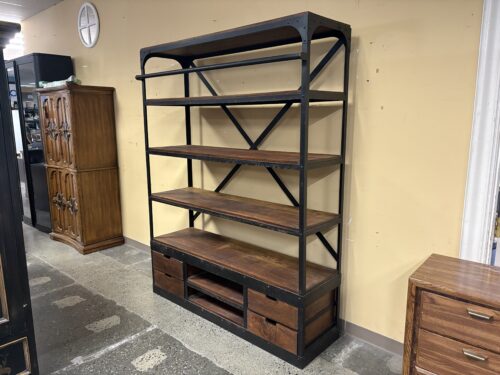 ARHAUS FURNITURE Distressed Metal & Wood Industrial Bookcase w/ 4 Bottom Drawers