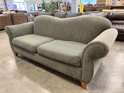 Sage Green Camelback Sofa with Abstract Spiral Fabric and Light Wood Feet