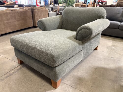 Sage Green Camelback Chaise Lounge with Abstract Spiral Fabric and Light Wood Feet