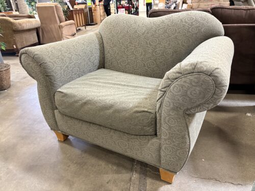 Sage Green Camelback Oversized Accent Chair with Abstract Spiral Fabric and Light Wood Feet