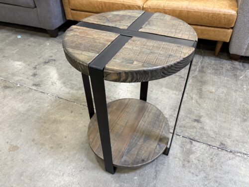 Rustic Industrial Round 2 Tier Side Table with Black Iron Frame