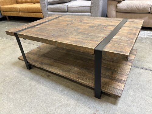Rustic Industrial Rectangular 2 Tier Coffee Table with Black Iron Frame