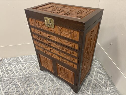 Chinoiserie High Relief Village Scene Carved 4 Drawer Silverware Cabinet with Red Felt Lining