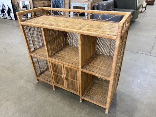 Vintage Coastal Wicker Etagere Shelf with Rattan Wrapped Frame