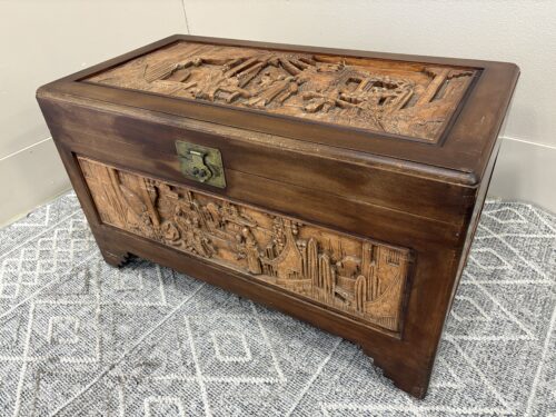 Chinoiserie High Relief Village Scene Carved Cedar Lined Trunk with Sliding Tray
