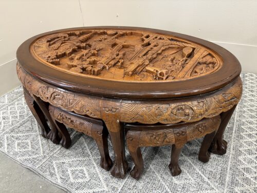 Chinoiserie High Relief Village Scene Carved Oval Coffee Table with 6 Nesting Stools (Set of 7)