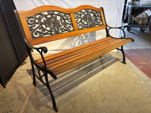 Wooden Slatted Cast Iron Garden Bench with Rose Motif Details