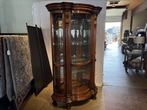 PULASKI Vintage Empire Style Cherry Wood Large Bowed Glass Illuminated Curio Cabinet