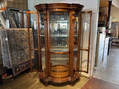 PULASKI Vintage Empire Style Cherry Wood Large Bowed Glass Illuminated Curio Cabinet