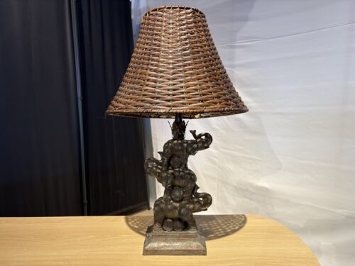 Three Stacked Elephants Stone Lamp with Woven Wicker Shade