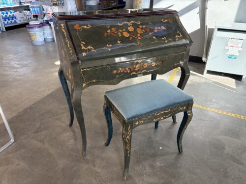 Vintage Green Lacquered French Provincial Drop-Front Secretary Desk with Stool