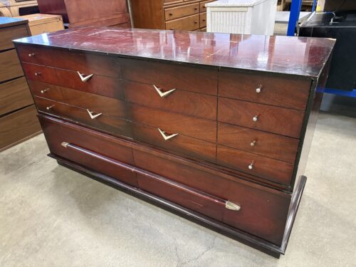 Vintage Cherry Lacquered 6 Drawer Dresser with Mixed Brass Pulls