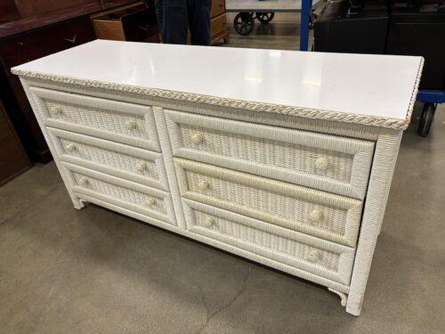 White Wicker 6 Drawer Lowboy Dresser with Braided Edge
