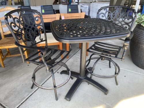 Black Metal Bar Height Outdoor Table w/ 2 Swivel Chairs