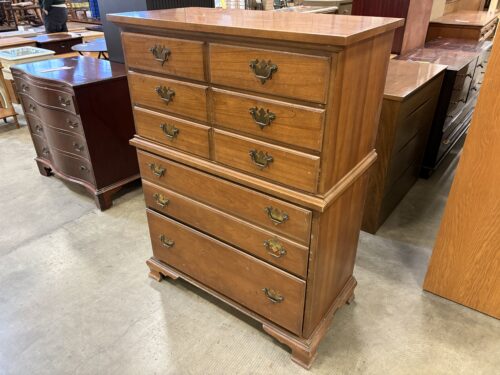 DIXIE Wooden 5 Drawer Tallboy Dresser with Aged Brass Swing Pulls