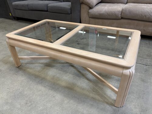 Light Wood Glass Top Coffee Table with Crossed Leg Base