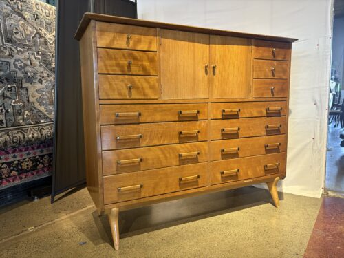 JOHNSON FURNITURE CO. Vintage Mid-Century Modern Solid Wood Highboy Dresser