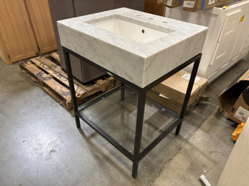 Contemporary White Marble Top Bathroom Vanity with Lower Glass Shelving