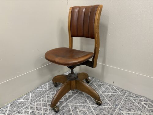 Vintage Brown Leather Mechanics Chair with Nailhead Trim and Wooden Base
