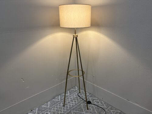 Brass Tripod Floor Lamp with Linen Shade and Pedal Switch