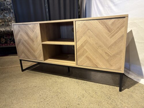 Herringbone Pattern Media Console with Black Metal Legs