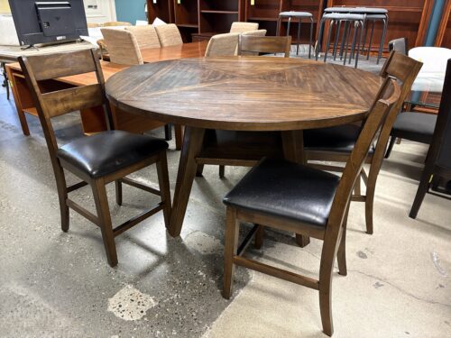 BAYSIDE Dark Brown Drop Leaf Round/Square Counter Table w/ 4 Ladder Back Counter Stools
