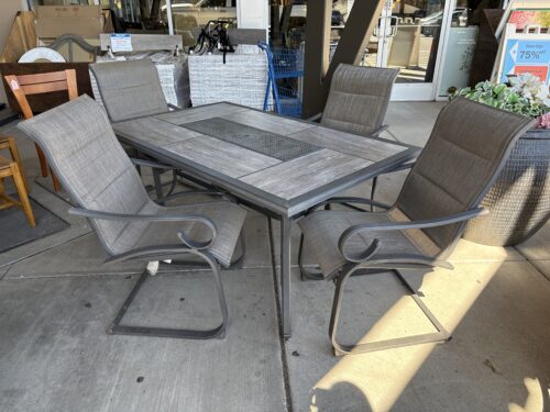HAMPTON BAY Light Grey Metal & Stone Rectangular Outdoor Table w/ 4 Dining Chairs