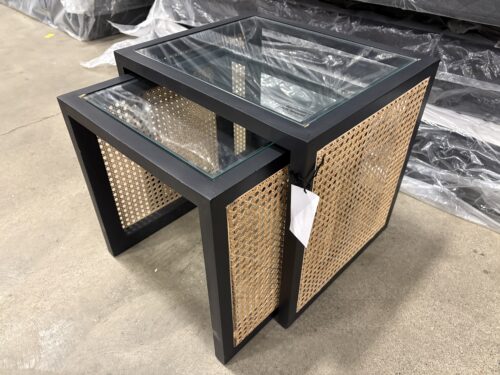 Black Glass Top Nesting End Table with Cane Side Panels (Set of 2) (Southcenter Store)