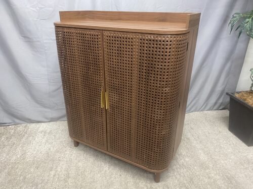 Walnut Finished Curved Iron Rattan Storage Cabinet