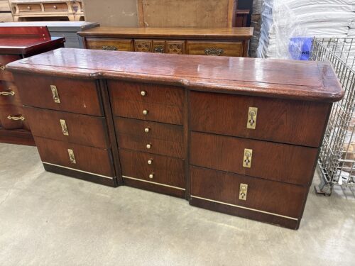 BASSETT Vintage 9 Drawer Lowboy Triple Dresser with Brass Flush Drop Pulls