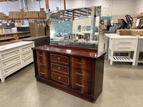 Vintage Cherry Finished 9 Drawer Triple Dresser with Breakfront Drawers and Mirror