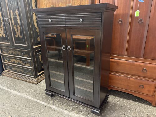 LIGNA FURNITURE Dark Wood Glass Door Storage Cabinet w/ Reversible Wine Rack Shelves