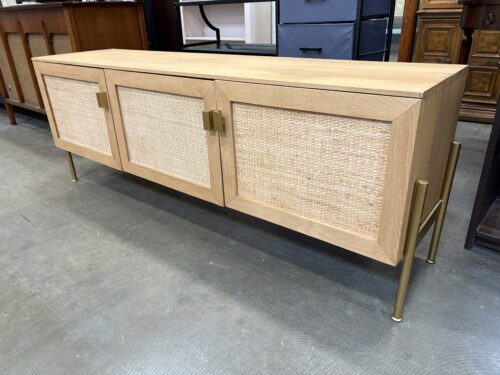 Contemporary Light Finished Media Stand with Rattan Door Fronts and Gold Tone Pulls