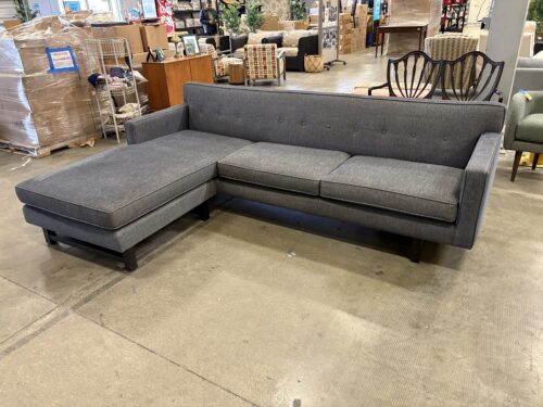 ROOM & BOARD Heathered Dark Grey L-Shaped Sofa with Dark Wooden Base