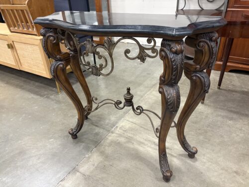 Ornate French Style Console Table with Carved Legs and Metal Scrollwork Stretcher