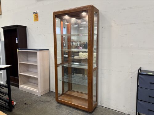 PULSAKI Vintage Wooden Illuminated Display Case with Glass Shelves and Side Entry Doors